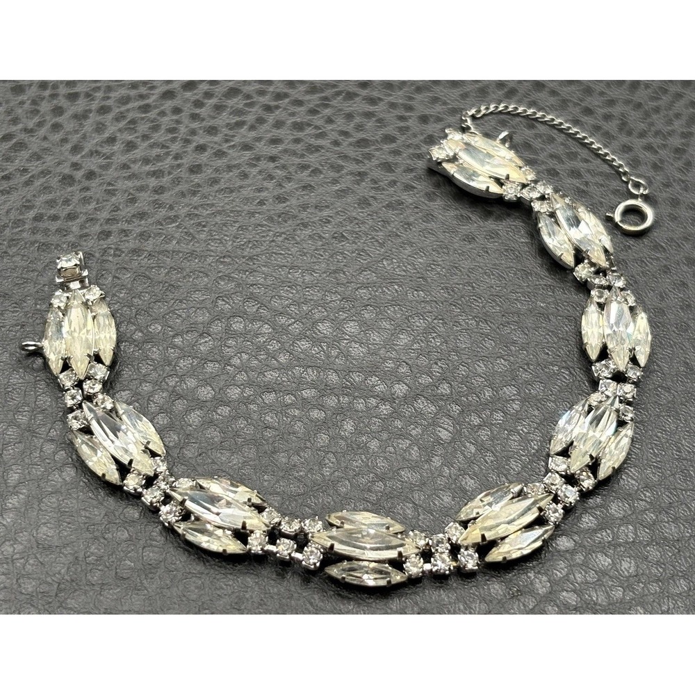 Vintage Weiss Art Deco Style Crystal Marquise Rhinestone Bracelet Silver Tone